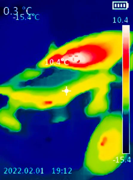 Termográfiai Kép Egy Autó Mutatja Különböző Hőmérsékletek Különböző Színekben Kék — Stock Fotó