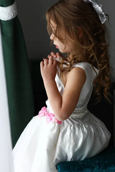 Cute Little Girl Dress Looks Out Window Interior Concept Waiting — Stock Photo, Image
