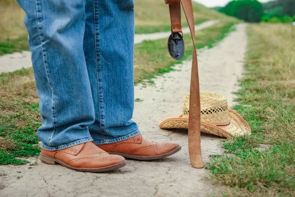 Cowboy Legs Shoes Park Nature Background Man Ranch — Stock Photo, Image