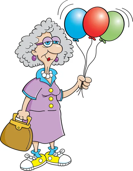 Signora anziana con palloncini in mano — Vettoriale Stock