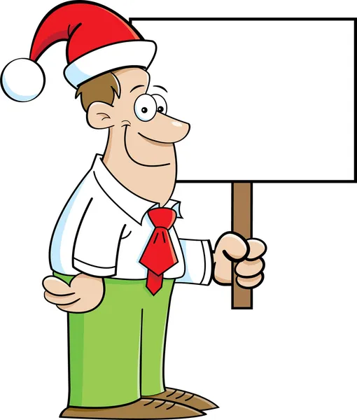 Cartoon man wearing a Santa Hat and holding a sign — Stock Vector