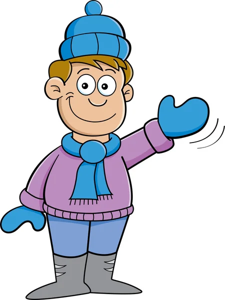 Cartoon boy in Winter clothes waving — Stock Vector