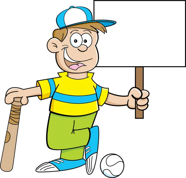 Cartoon baseball kid holding a sign — Stock Vector