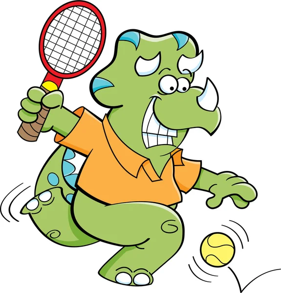 Cartoon Dinosaur Playing Tennis — Stock Vector