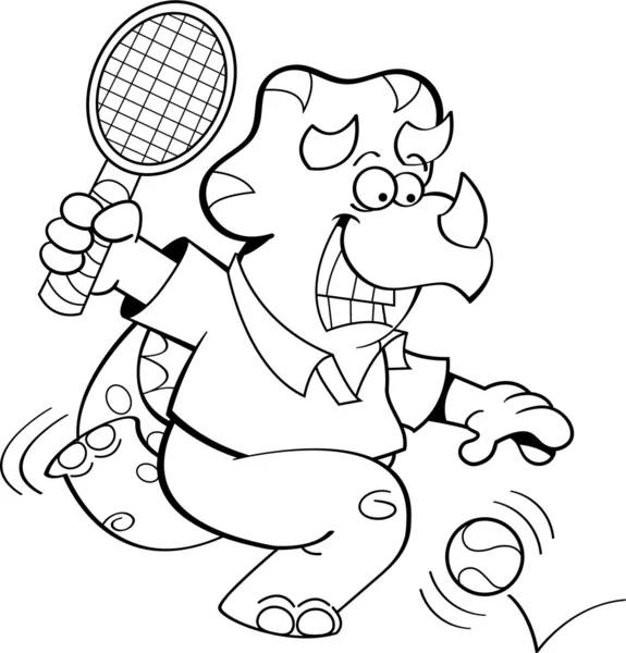 Cartoon Dinosaur Playing Tennis (Black and White Line Art) — Stock Vector