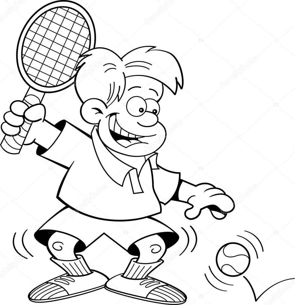 Illustrazione di bianco e nero di un ragazzo che giocando a tennis — Vettoriali di kenbenner