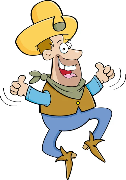 Cartoon cowboy jumping with two thumbs up — Stock Vector