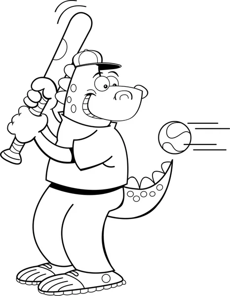 Cartoon dinosaur hitting a baseball — Stock Vector