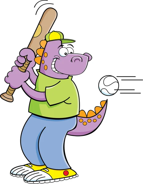 Cartoon dinosaur hitting a baseball — Stock Vector