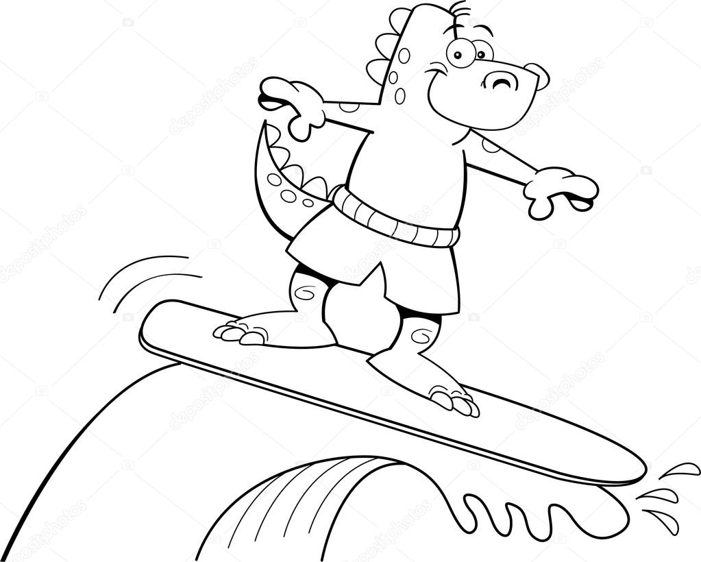 Cartoon dinosaur surfing
