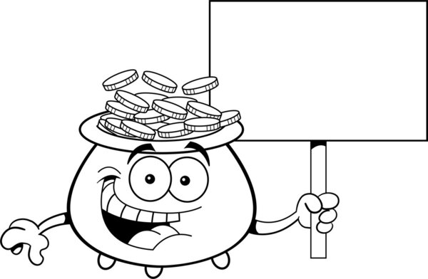 Cartoon pot of gold holding a sign