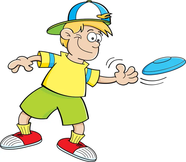 Cartoon boy jugando con un disco volador — Vector de stock