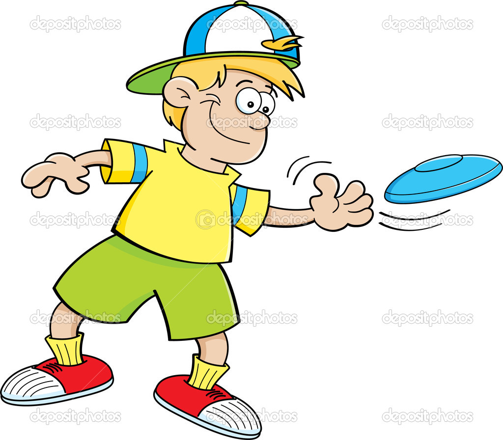 Cartoon boy jugando con un disco volador vector, gráfico vectorial