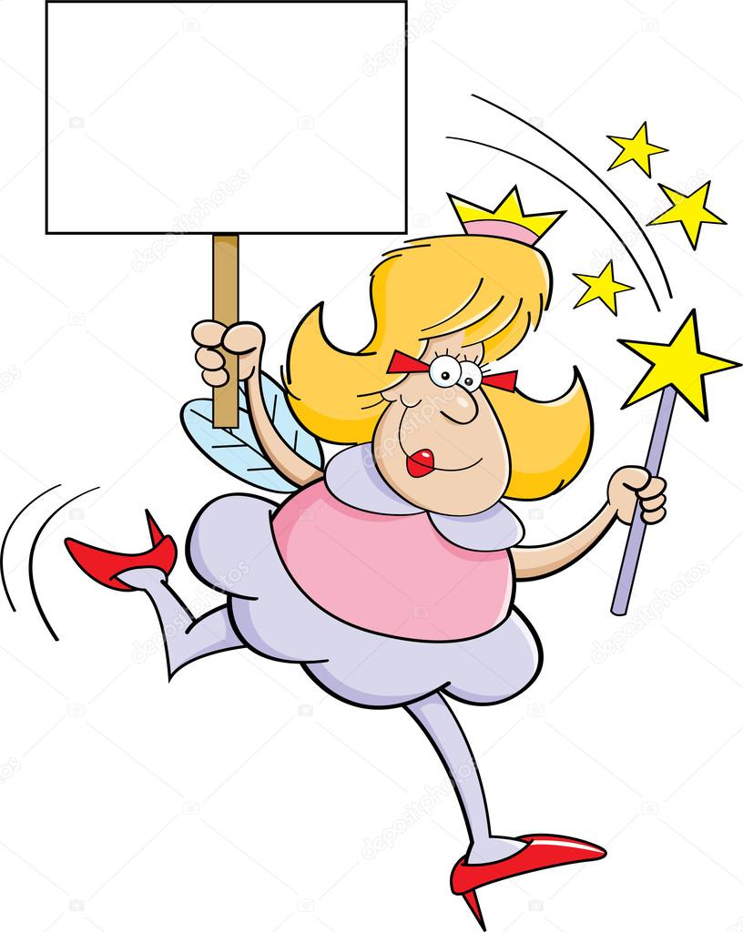 Cartoon fairy godmother with a sign