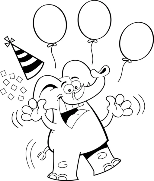 Aniversário dos desenhos animados Elephant Jumping (preto e branco Line Art ) — Vetor de Stock