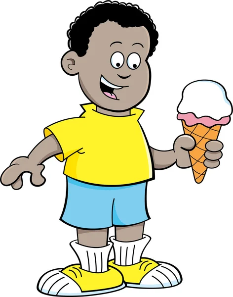 Desenhos animados menino africano comer um cone de sorvete —  Vetores de Stock