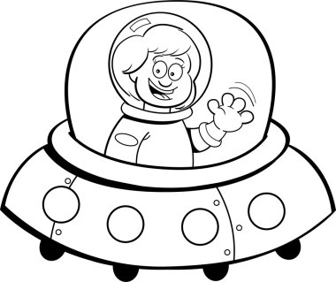 Cartoon Girl in a Spaceship (Black and White Line Art) clipart