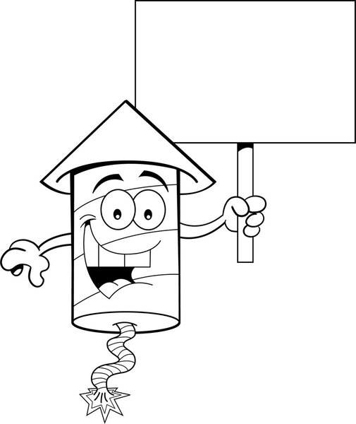 Cartoon Firecracker Holding a Sign (Black and White Line Art)