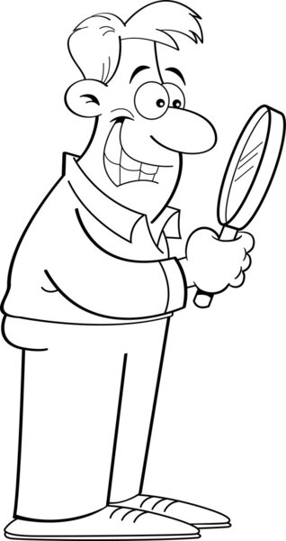 Cartoon man looking through a magnifying glass