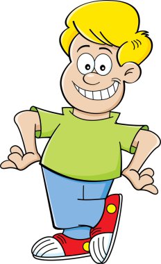 Kalçasında elleri olan çizgi film çocuğu.