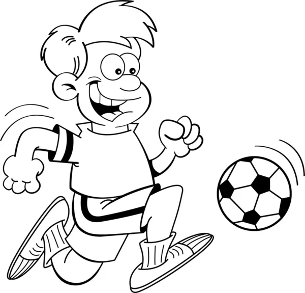 Black and white illustration of a boy playing soccer — Stock Vector