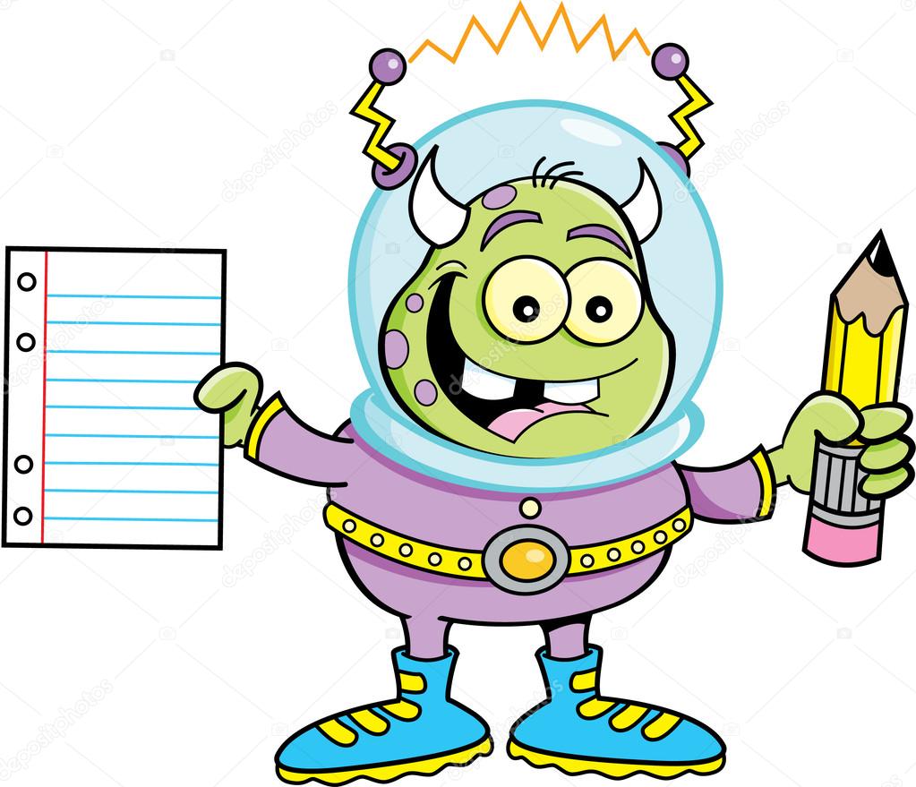 Cartoon alien holding a paper and pencil