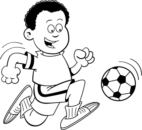 Desenhos animados menino africano jogando futebol —  Vetores de Stock