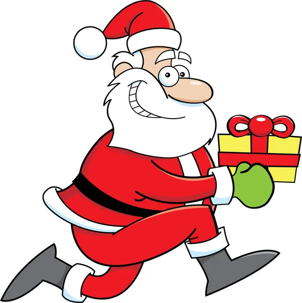 Dibujos animados ilustración de Santa Claus corriendo con regalo — Vector de stock