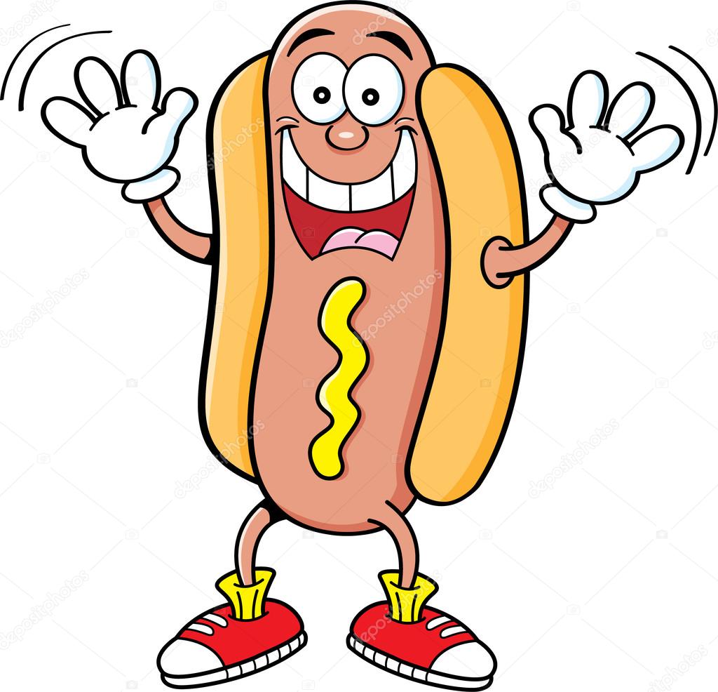 Cartoon Hot Dog raising hands