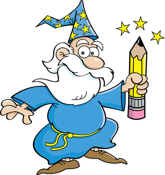 Cartoon wizard with a pencil — Stock Vector