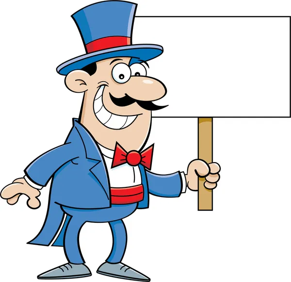 Hombre de dibujos animados con sombrero de copa sosteniendo un cartel — Vector de stock