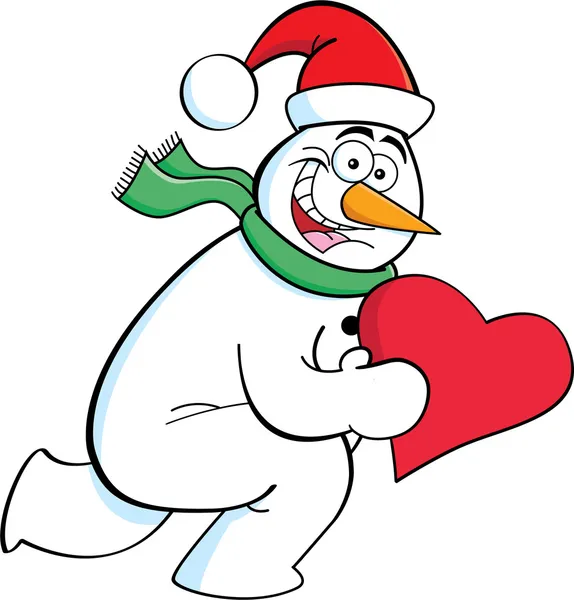 Cartoon lopende sneeuwpop houden een hart — Stockvector