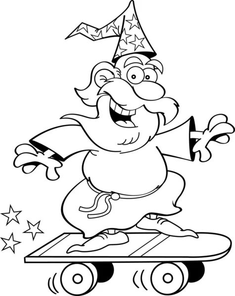 Mago dei cartoni animati cavalcando uno skateboard — Vettoriale Stock