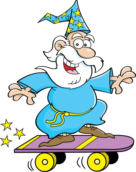 Cartoon wizard een skateboard rijden — Stockvector