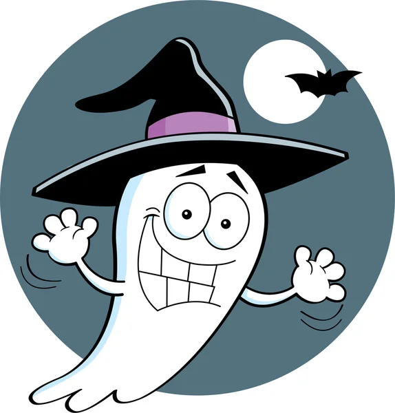 Fantasma de dibujos animados con sombrero de bruja — Vector de stock