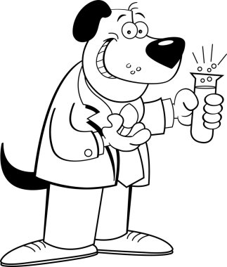 Karikatür tüp bebek tutan köpek (siyah ve beyaz çizgi sanatı)