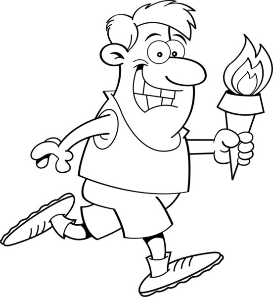 мультфильм бегущий человек с факелом (черно-белое искусство линии)