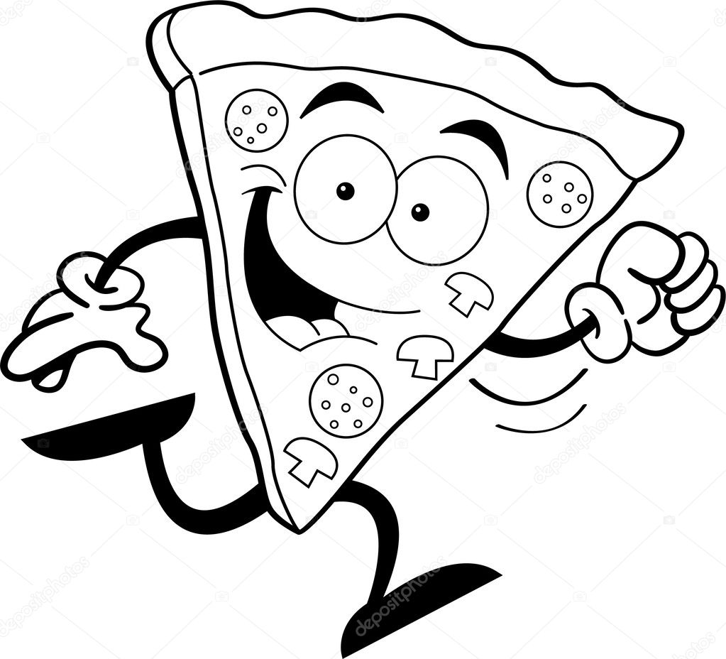 Cartoon Pizza Slice Running (Black & White Line Art)