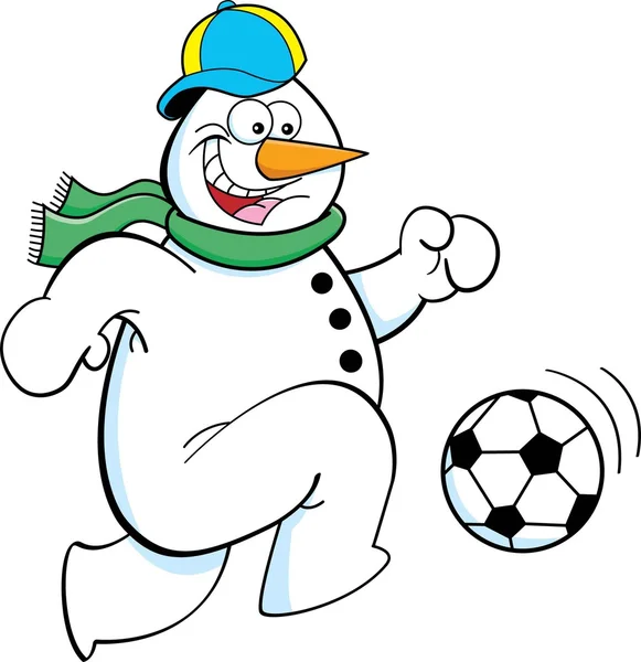 Dibujos animados muñeco de nieve jugando fútbol — Vector de stock