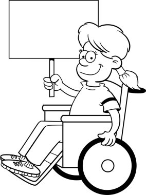 Tekerlekli sandalyedeki bir tabela holding karikatür kız.