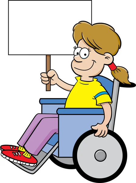坐在轮椅上举着牌子的卡通女孩. — 图库矢量图片