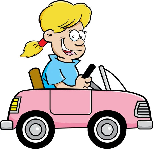 Chica de dibujos animados en un coche de juguete — Vector de stock