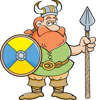 viking bir kalkan ve mızrak tutan karikatür.