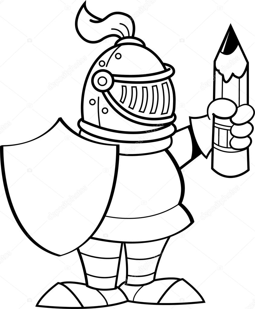 Cartoon knight holding a shield and a pencil