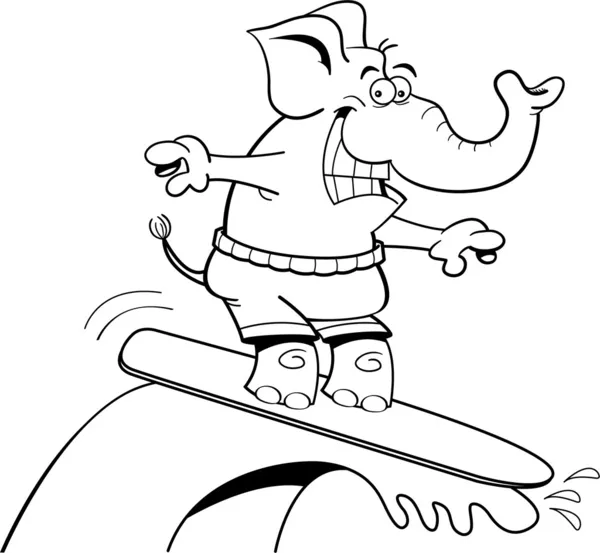 Ilustración en blanco y negro de un elefante surfista . — Archivo Imágenes Vectoriales
