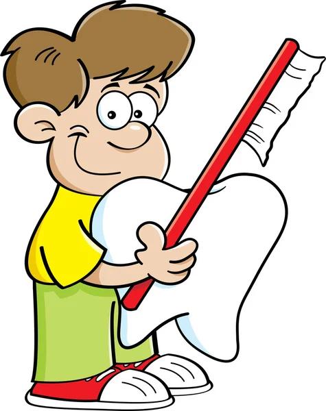 Boy holding a tooth and a toothbrush — Stock Vector