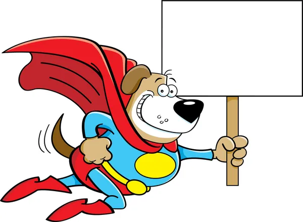 Cão super-herói dos desenhos animados com um sinal . — Vetor de Stock