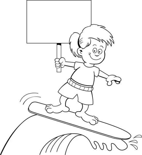 Black White Illustration Girl Riding Surfboard While Holding Sign — Stock Vector
