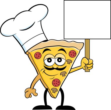 Çizgi film çizimi, elinde bir tabela tutarken şef şapkası takan pizza dilimi..