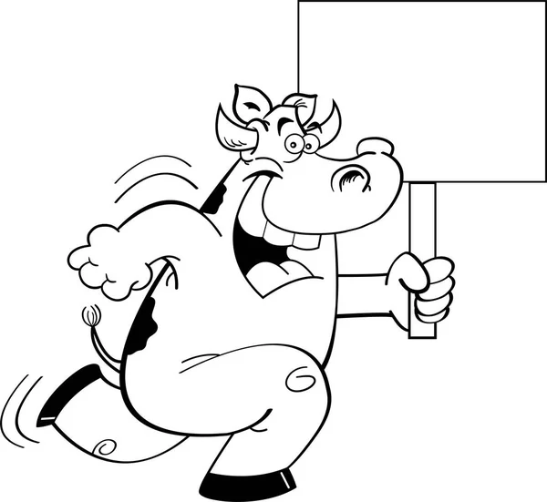 Ασπρόμαυρη Απεικόνιση Μιας Χαρούμενης Αγελάδας Που Τρέχει Κρατώντας Μια Πινακίδα Διανυσματικά Γραφικά
